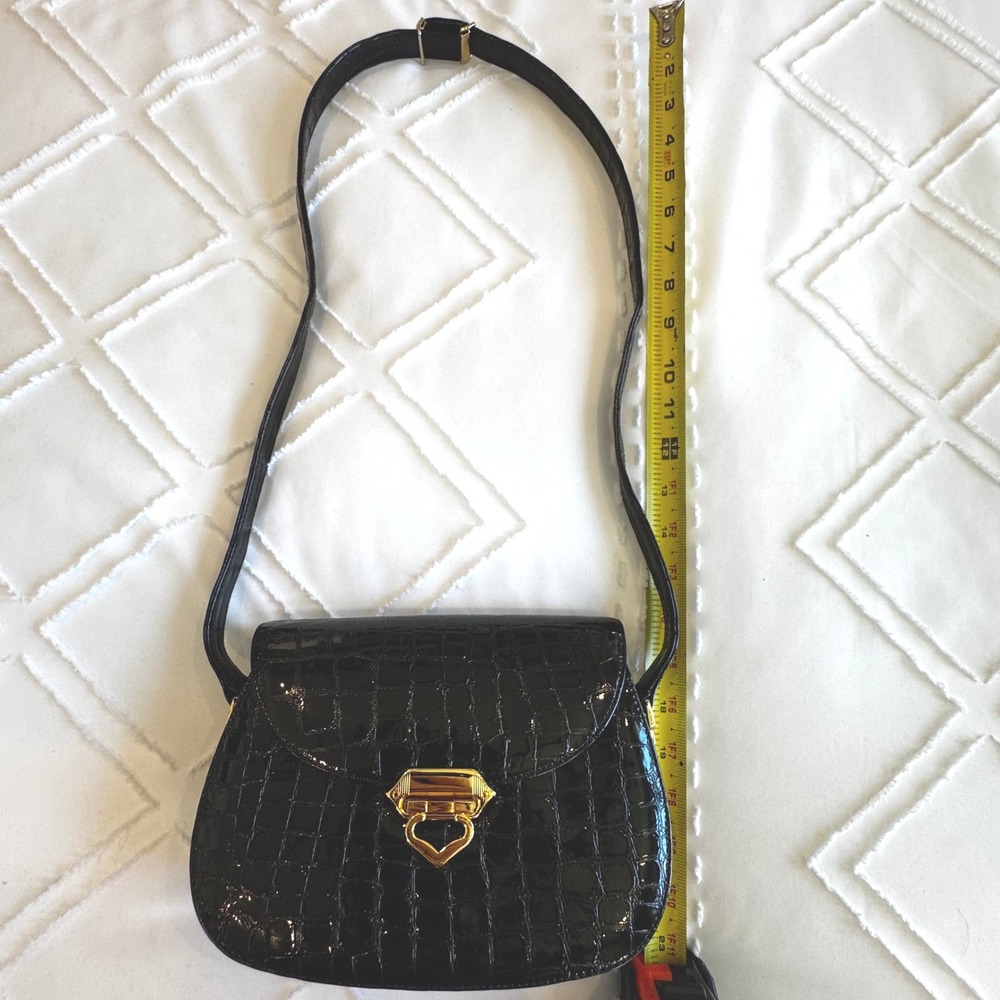 Ashneil Vintage Black Croc Embossed Patent Leather Crossbody Bag Gold Heart Lock - Picture 11 of 16